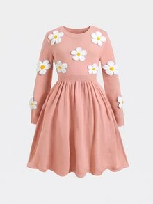 SHEIN Tween女孩休閒時尚百搭可愛花卉裝飾寬鬆舒適圓領套頭秋冬毛衣 - 粉色 - 查看 6