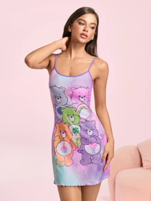 SHEIN X Care Bears Women's Cartoon Print Spaghetti Strap Nightgown - Purple - View 4