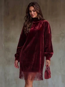 Linhara CURVE Plus Size Knitted Korean Fleece Elegant Autumn Women's Dress - Red - View 7