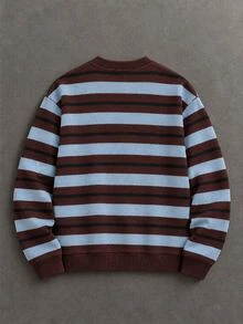 Boys' Vintage Preppy Style Crew Neck Sweatshirt, Brown Blue And Black Striped Pattern, Ribbed Collar Cuffs And Hem, Casual Everyday Wear For Spring Autumn Winter - Multicolor - View 2