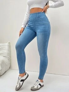 SHEIN Essnce 女款時尚百搭高腰彈性修身牛仔褲 - 藍色 - 查看 12