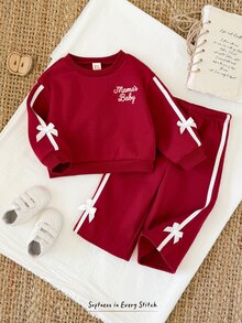 Cozy Pixies 2件組女嬰幼兒休閒日常舒適針織貼布圓領套頭長袖秋季衛衣與運動長褲套裝 - 紅色 - 查看 3