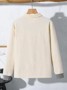 SHEIN 兒童青少年男孩休閒運動拼接黑灰色對比設計卡其色長袖 Polo 領針織毛衣，日常休閒長袖基本款，適合秋冬、聖誕節、萬聖節、學校、家庭聚會、度假、派對，秋季穿搭，冬季穿搭 - 彩色 - 查看 3