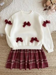 SHEIN 少女蝴蝶結裝飾圓領長袖格紋下擺休閒洋裝 - 紅色 - 查看 6
