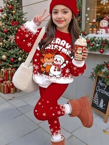 SHEIN 女童可愛聖誕雪人、馴鹿、薑餅人圖案波點雪花紅色款，柔軟加厚圓領長袖運動衫與內搭褲套裝，適合秋冬聖誕，秋季新款時尚套裝 - 彩色 - 查看 2