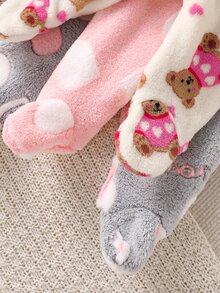 SHEIN 3件組女嬰冬季長褲，奶油色、淺粉色、粉色，柔軟甜美風草莓花蝴蝶結滿版印花，鬆緊腰，寬鬆直筒版型 - 灰色 - 查看 5