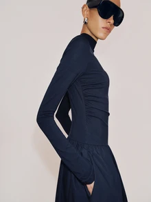 Anewsta Essential Women's Elegant Commute Autumn Red Knit Lyocell Woven Patchwork Loose Fit Dress - Navy Blue - View 7