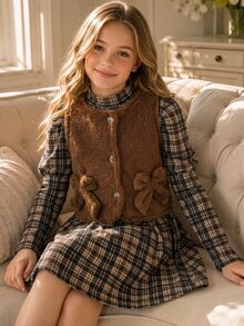 2pcs/Set Gaun Anak Perempuan Gaya British Academy dengan Tekstur, Rompi Berbulu, Pita 3D & Kancing, Pakaian Musim Gugur/Dingin - Coffee Brown - View 4