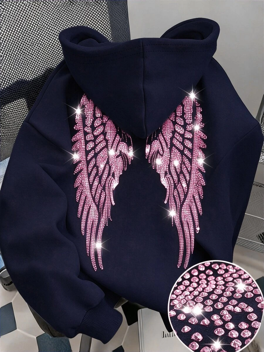 SHEIN 青少年女孩長袖連帽寬鬆黑色運動衫,萬聖節秋季派對街頭風休閒穿搭 - 藏蓝色 - 查看 1