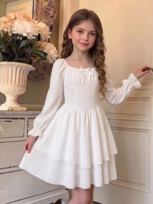 SHEIN Tween Girls White Puff Sleeve Square Neck Ruffle Hem V-Waist Casual Party Summer Dress - White - View 3