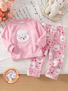 SHEIN 女嬰甜美韓風粉色蝴蝶結印花法蘭絨圓領寬鬆長袖秋季/秋冬褲子2件套，加厚雙面抓毛 - 彩色 - 查看 4