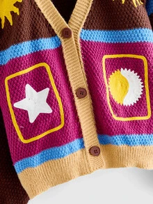 ROMWE Autumn/Winter Boho Witch Hippie Sun Moon Star Crochet Cardigan Sweater For Women - Multicolor - View 3
