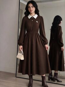 SHEIN Teen Girl Teen Girl Casual Commute Contrast Color Polo Collar Fitted Loose Half-Open Patchwork A-Line Frill Trim Exquisite Small Logo Embroidered - Brown - View 1
