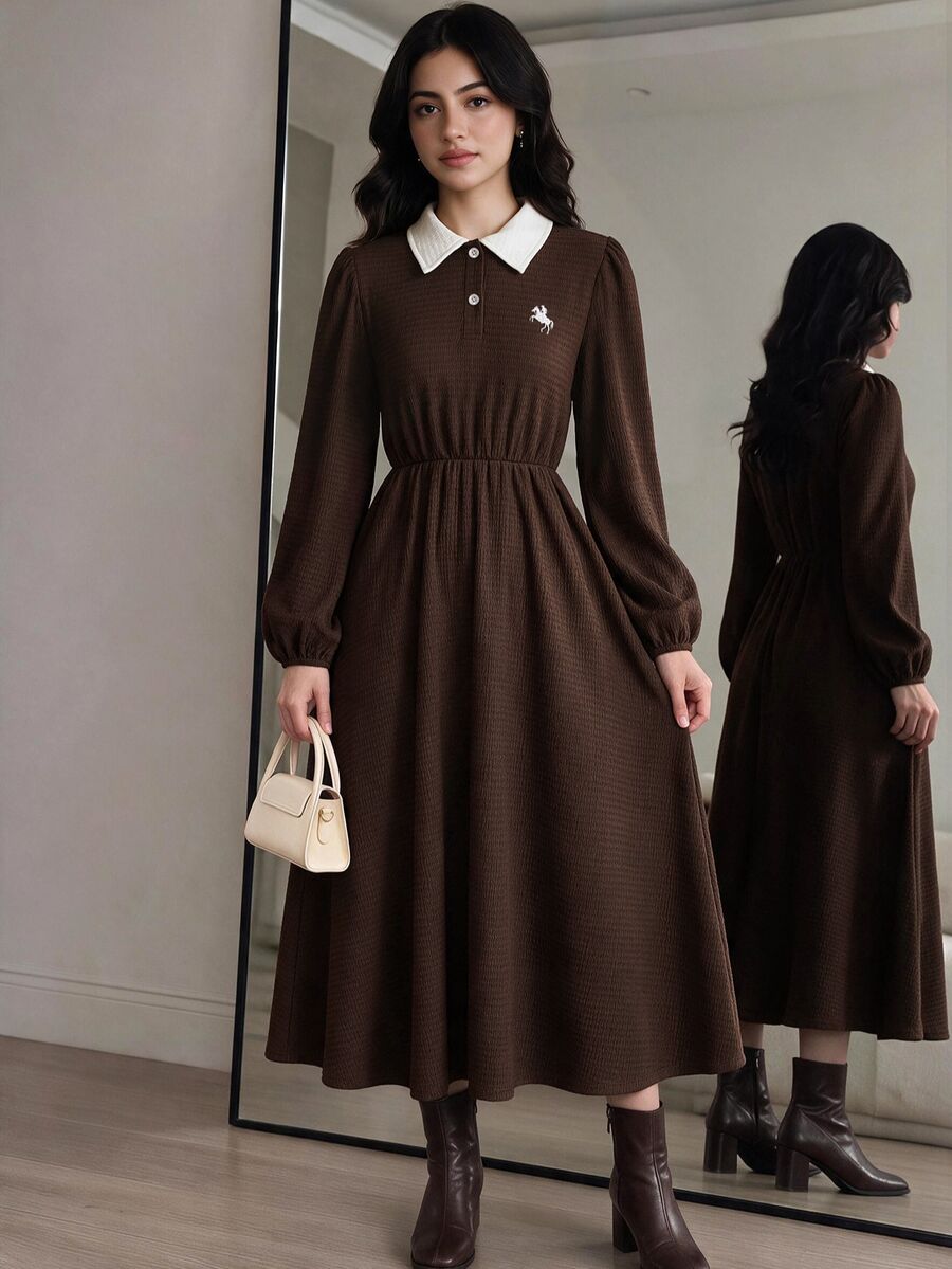 SHEIN Teen Girl Teen Girl Casual Commute Contrast Color Polo Collar Fitted Loose Half-Open Patchwork A-Line Frill Trim Exquisite Small Logo Embroidered - Brown - View 1