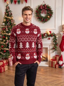 Manfinity Homme 男士聖誕雪人圖案圓領長袖休閒毛衣 - 紅色 - 查看 3