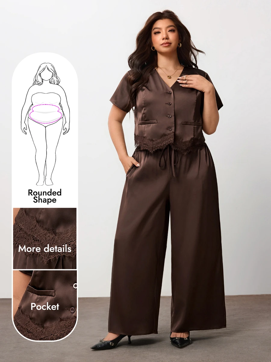 Enliva Plus Size V Neck Button Front Lace Trim Top And Wide Leg Pants Set - Coffee Brown - View 1