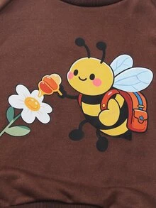 SHEIN Playful Pals 2件組女童套裝，可愛卡通蜜蜂印花圓領衛衣與條紋蜜蜂花卉印花長褲，休閒秋季日常童裝 - 棕色 - 查看 7
