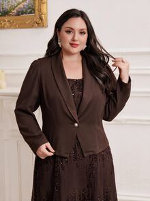 Modelyn Plus Size Women Solid Color Shawl Collar Long Sleeve Jacket And Sequin Spaghetti Strap Dress Elegant 2 Pieces Set - Coffee Brown - View 4
