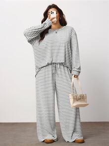 Enliva Plus Size Stripe Two Pieces Lounge Set With Elastic Waist Pants Compatible With Apple Body Round Body - Apricot - View 5