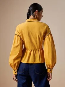LOTSLUV Women's Autumn Elegant, Mustard Yellow Contrast Brown, Stand Collar Long Sleeve Ruffle Solid Color Blouse - Yellow - View 2