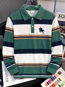 SHEIN 兒童青少年男孩休閒極簡彩色條紋長袖 Polo 衫，適合秋冬、學校、家庭聚會、度假、派對，秋季穿搭、冬季穿搭，男孩兒童套裝 - 彩色 - 查看 4