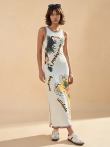 CAJUNI Sleeveless Long Knit Dress Featuring A Brazil Map And Toucan Print-Tropical Soul, Perfect For Summer Vacations - Multicolor - View 6
