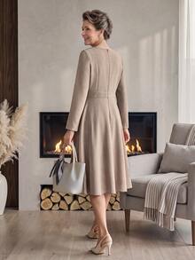 Miaspire Solid Color Long Sleeve Dress For Middle-Aged And Elderly Women - Khaki - View 2