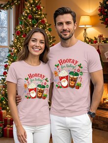 Manfinity Homme Christmas Festive Drink Fashion Casual Print Pattern Men's Pink Regular Fit Short Sleeve T-Shirt - Pink - View 1