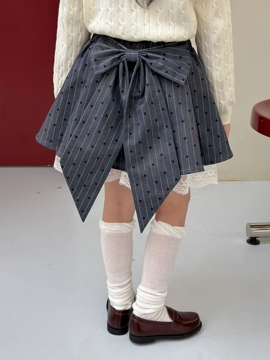 DAZY Tween Girl Striped Lace Patchwork Pleated Mini Skirt - Dark Grey - View 1