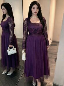 Feyla Plus Size Women's Lace Mesh Patchwork Elegant Waist-Cinching Party Dress - Purple - View 4