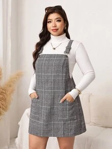 Easowa Curve Plus Size Elegant Plaid Pocket Dress, Preppy Style - Coffee Brown - View 4