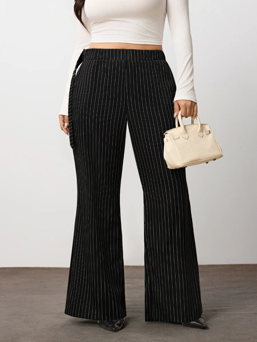 Enliva Plus-Size Women's Black And White Striped Belted Suit Pants, For Autumn Apple,Rounded Body - Multicolor - View 1