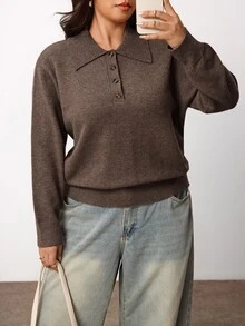 Enliva Plus-Size Women's Brown Polo Collar Fashion Casual Knit Top Apple,Rounded Body - Brown - View 4