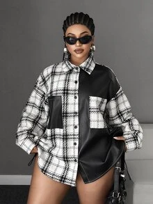 Maweii قميص نسائي بمقاسات كبيرة بتصميم كاجوال من الجاكار والتوييد مع رقعات، متعدد الاستخدامات، بقصة فضفاضة وأكتاف منسدلة وحجم كبير، بأسلوب التنقل والراحة، مناسب لجميع أنواع الأجسام، يمكن ارتداؤه كقميص خارجي أو جاكيت خفيف - متعدد الألوان - مشاهدة 3