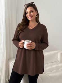 Shapeblank Plus Size Versatile Fashion Long Sleeve T-Shirt With Split Hem,Fall Outfits,Going Out Tops,Simple St - Brown - View 5