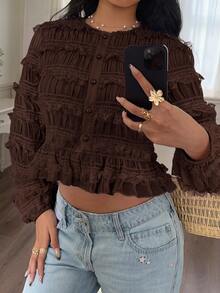 Serisse Women's Elegant Autumn Date Night Chiffon Lace Blouse,Round Neck Button Front Ruffle Hem Shirt,Casual Spring Fall/Winter Tops,Back To School - Brown - View 5