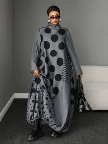 Maweii Plus Size Vintage Polka Dot & Striped Patchwork Dress, Semi-High Neck With Drawstring, Tulip Hem, Slouchy Long Dress - Dark Grey - View 1
