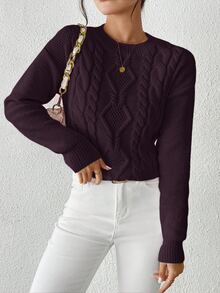 Sprig & Strand Cable Knit Drop Shoulder Sweater,Long Sleeve Tops Knit Pullover Fall Winter - Red Violet - View 3