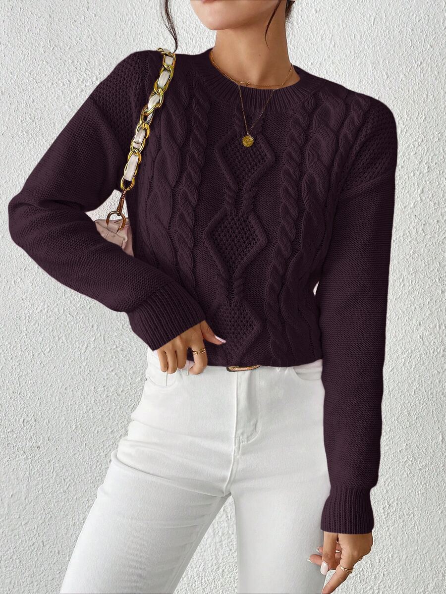 Sprig & Strand Cable Knit Drop Shoulder Sweater,Long Sleeve Tops Knit Pullover Fall Winter - Red Violet - View 1