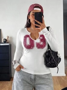 POPSWAY Plus Size Early Autumn White Digital Print Slim Fit V-Neck Long Sleeve T-Shirt - White - View 3
