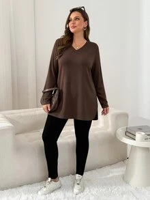 Shapeblank Plus Size Versatile Fashion Long Sleeve T-Shirt With Split Hem,Fall Outfits,Going Out Tops,Simple St - Brown - View 6