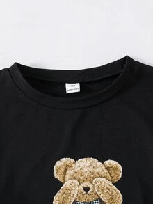 SHEIN 青少年男孩卡通熊印花長袖上衣與格紋長褲居家休閒套裝 - 彩色 - 查看 3