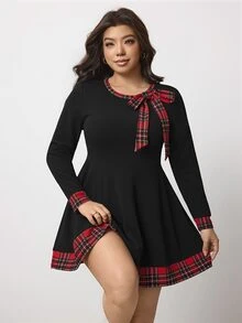 Enliva Plus-Size Women's Plaid Patchwork Tie-Waist Long-Sleeved Dress Apple,Rounded Body - Multicolor - View 3