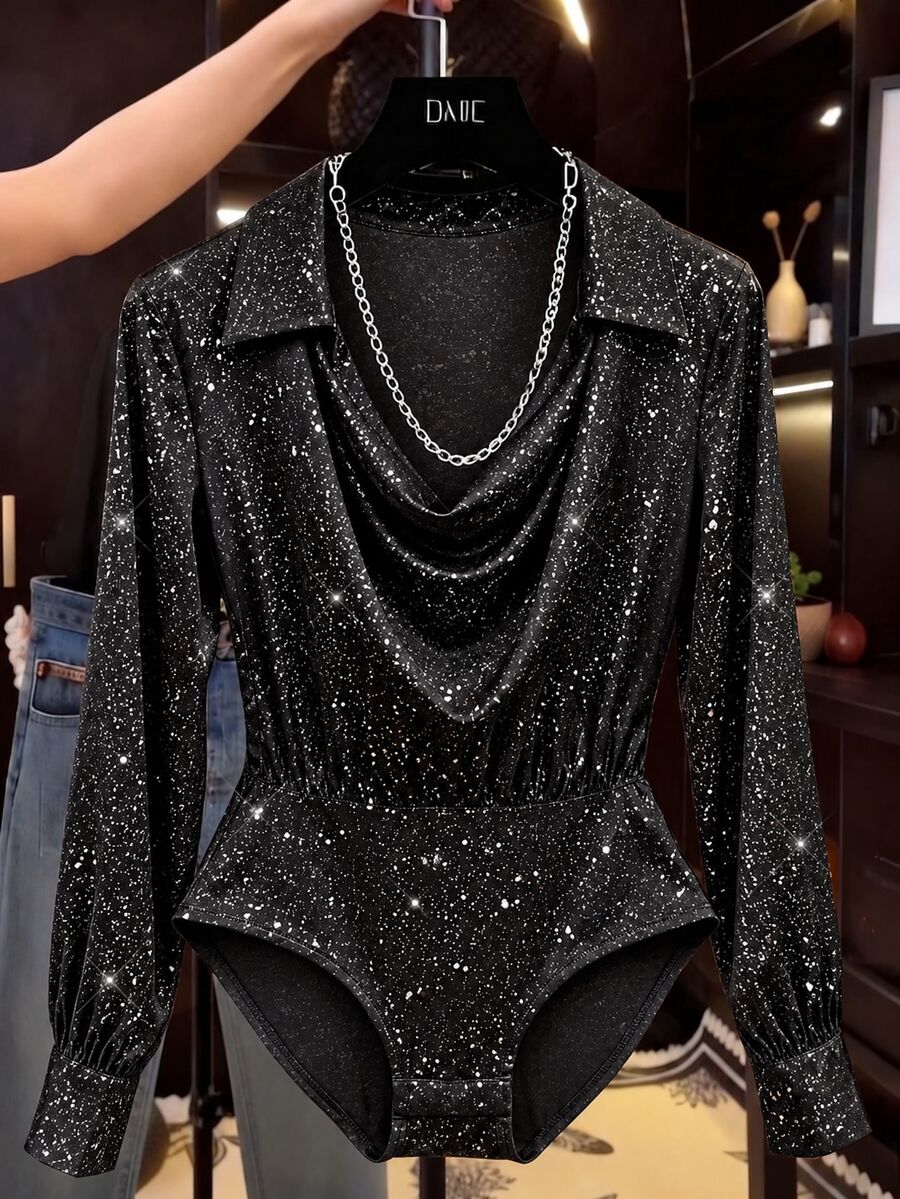 SHEIN Clasi Plus-Size Silver Shimmer Mesh Bodysuit With Long Sleeves, A Draped Neckline And Slim Fit. Perfect For Dates, Vacations And Autumn Street Style. - Black - View 1
