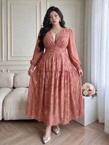 Plus Size French Elegant Jacquard V-Neck Pleated Dress For Party - Dusty Pink - View 1
