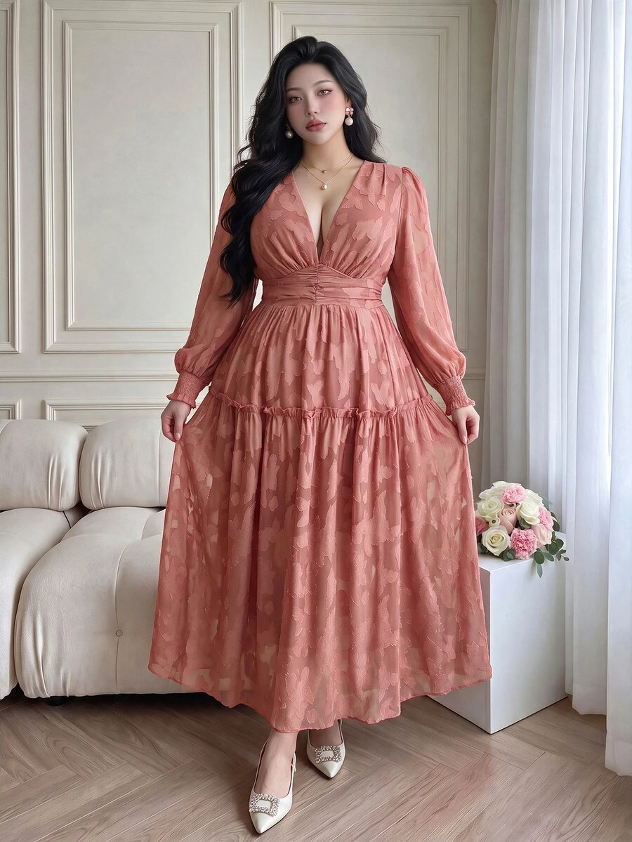 Plus Size French Elegant Jacquard V-Neck Pleated Dress For Party - Dusty Pink - View 1