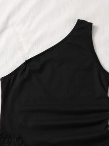 SHEIN 青少年女孩休閒單肩背心上衣 純黑色蕾絲飾邊不對稱下擺 柔軟針織面料 無袖細肩帶外出穿搭上衣 - 黑色 - 查看 5