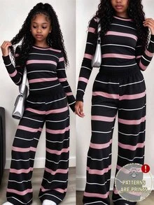 SHEIN (1 Set) Tween Girls Autumn Casual Fashion Blue & Brown Horizontal Striped Pattern Ruched Waist Long Sleeve T-Shirt & Wide Leg Pants - Multicolor - View 1