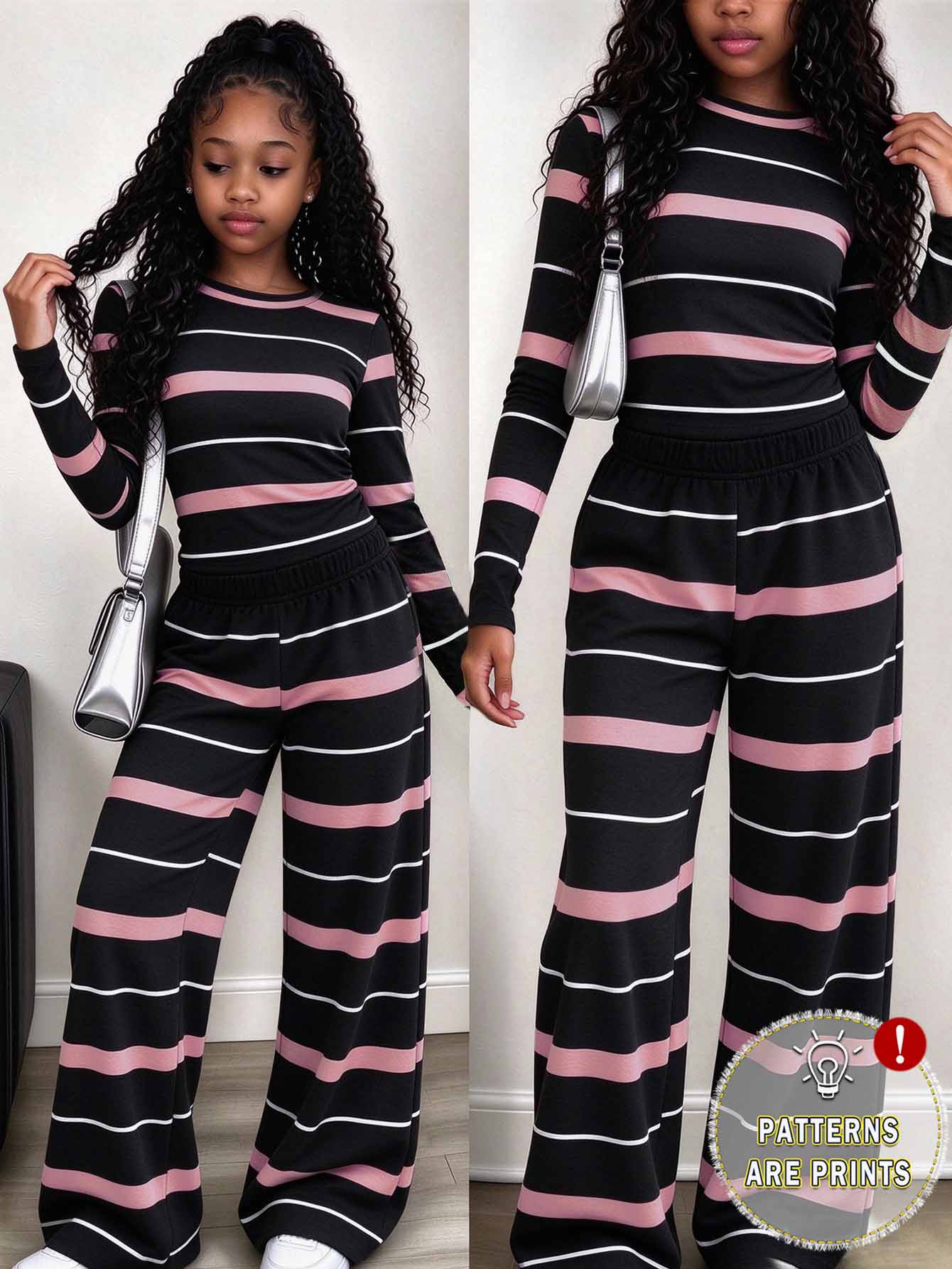 SHEIN (1 Set) Tween Girls Autumn Casual Fashion Blue & Brown Horizontal Striped Pattern Ruched Waist Long Sleeve T-Shirt & Wide Leg Pants - Multicolor - View 1