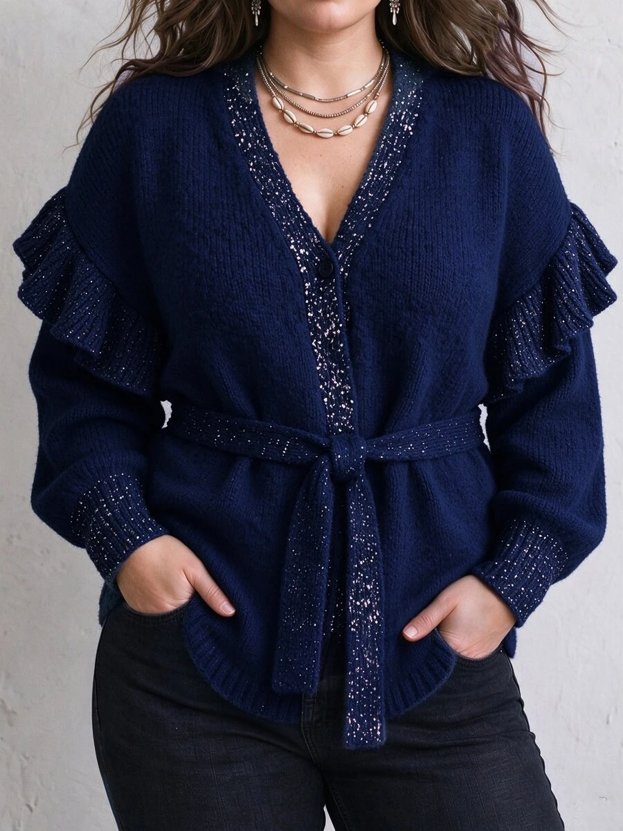 Linhara CURVE Plus Size Women's Sequin V-Neck Knit Cardigan - Royal Blue - View 1
